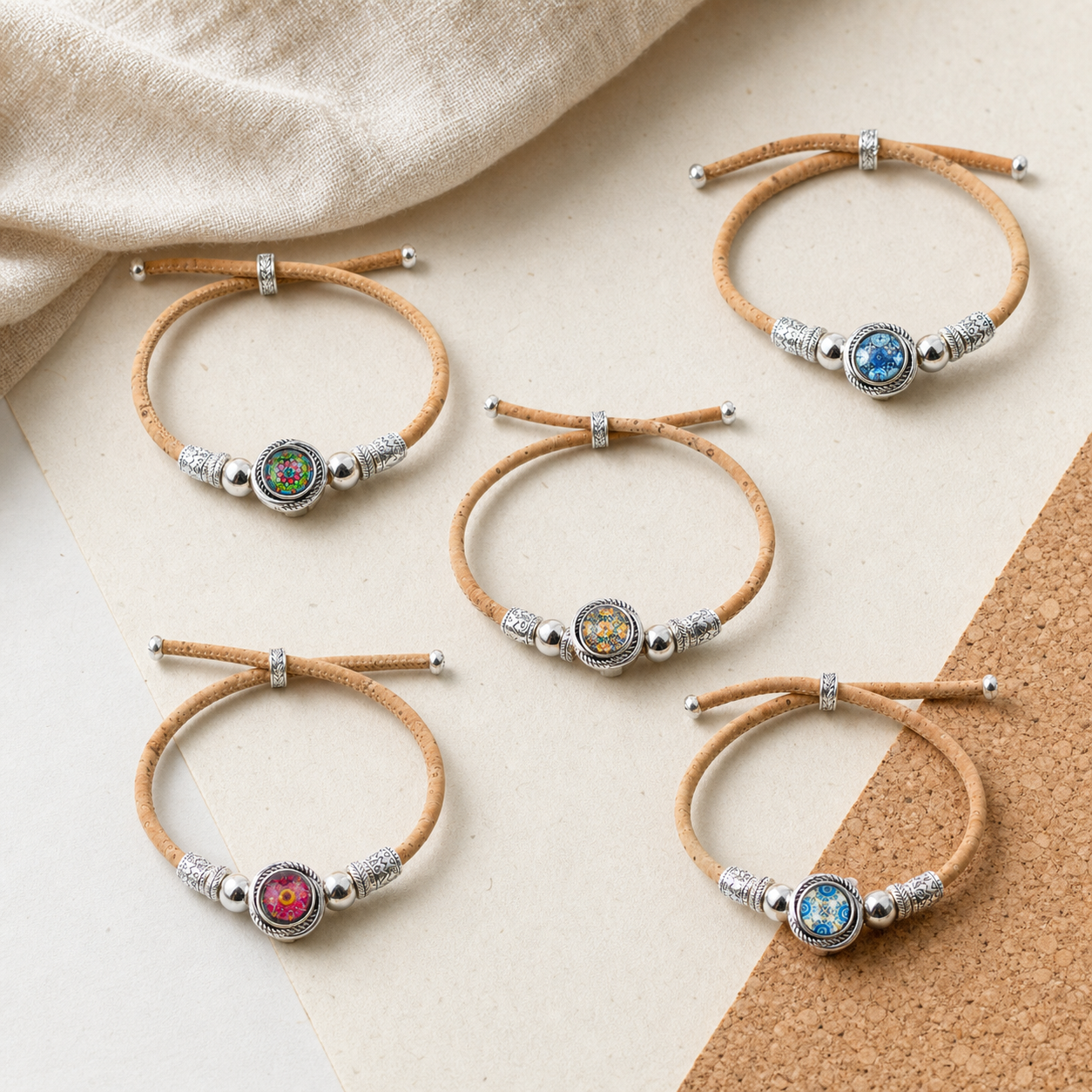 3mm Natural Cork Bracelet with Portuguese-Inspired Cabochon – Handmade in Portugal BR-494-MIX-5