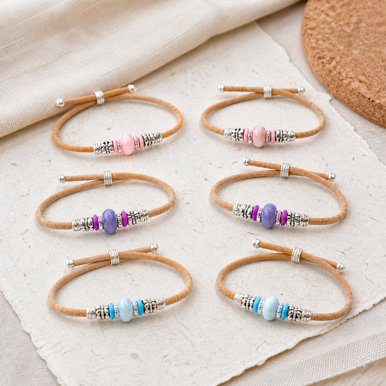 Handmade Natural Cork Bracelet with Ceramic Bead BR-536-MIX-6