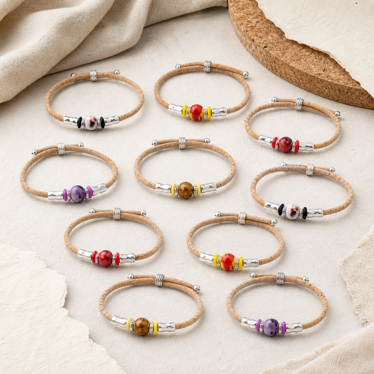 Handmade 3mm Natural Cork Bracelet with Ceramic Bead BR-537-MIX-10
