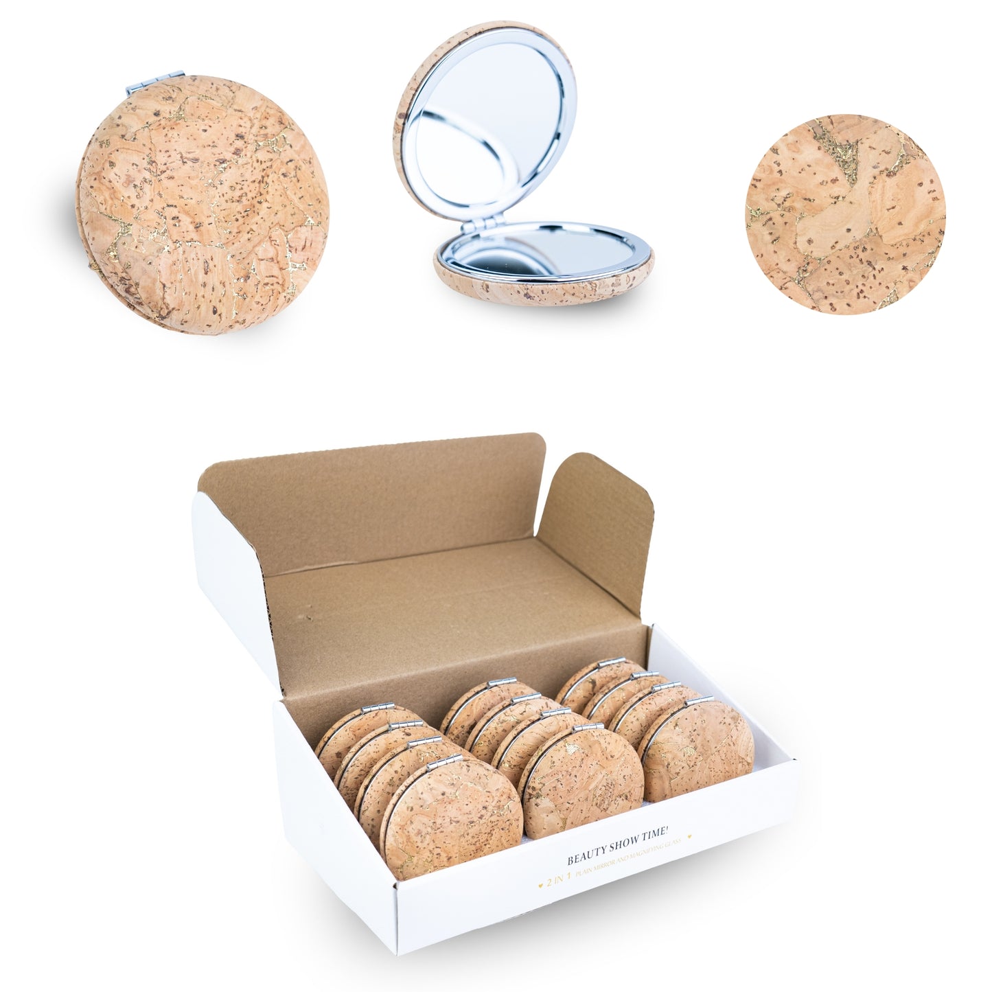 Thick Round Cork Compact Mirror – Double-Sided (12-Pack) L-1214-12