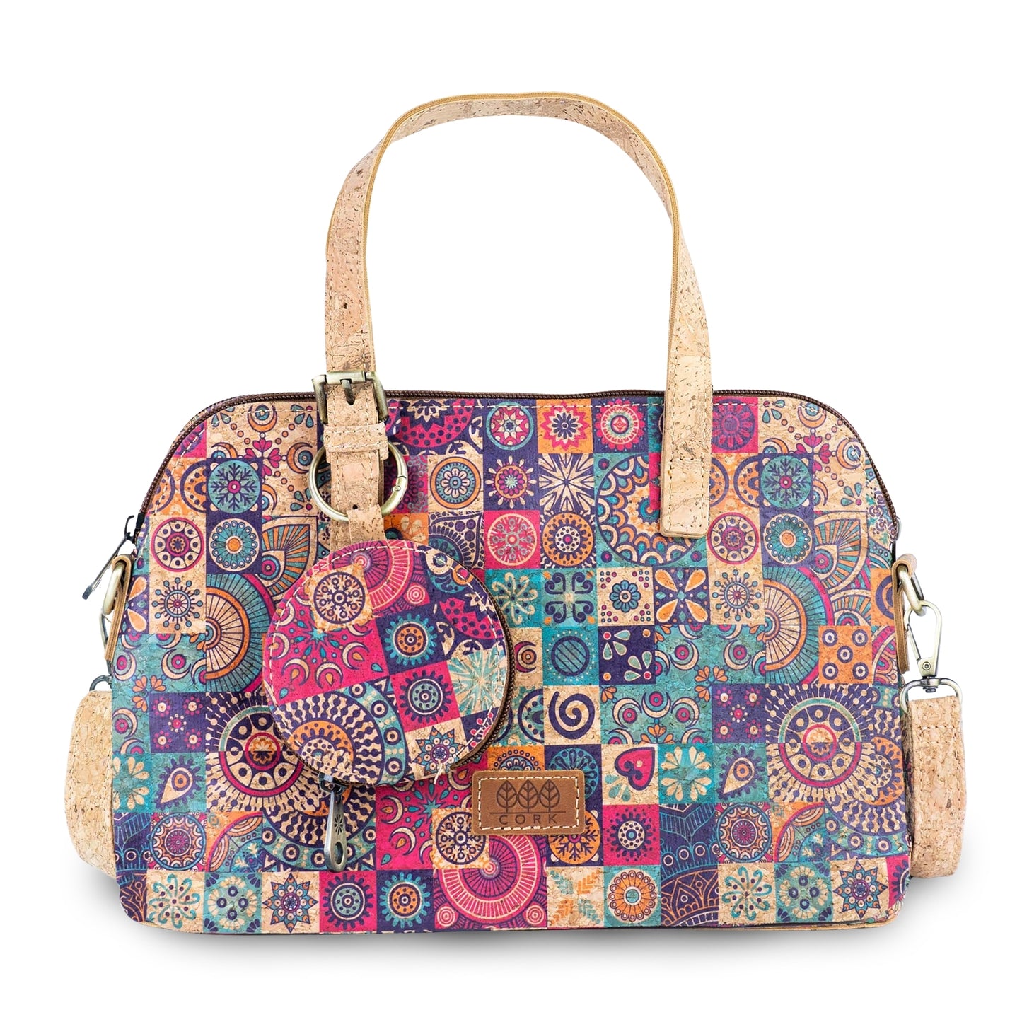 Printed Cork Handbag with Detachable Mini Zipper Purse & Shoulder Strap BAGD-667