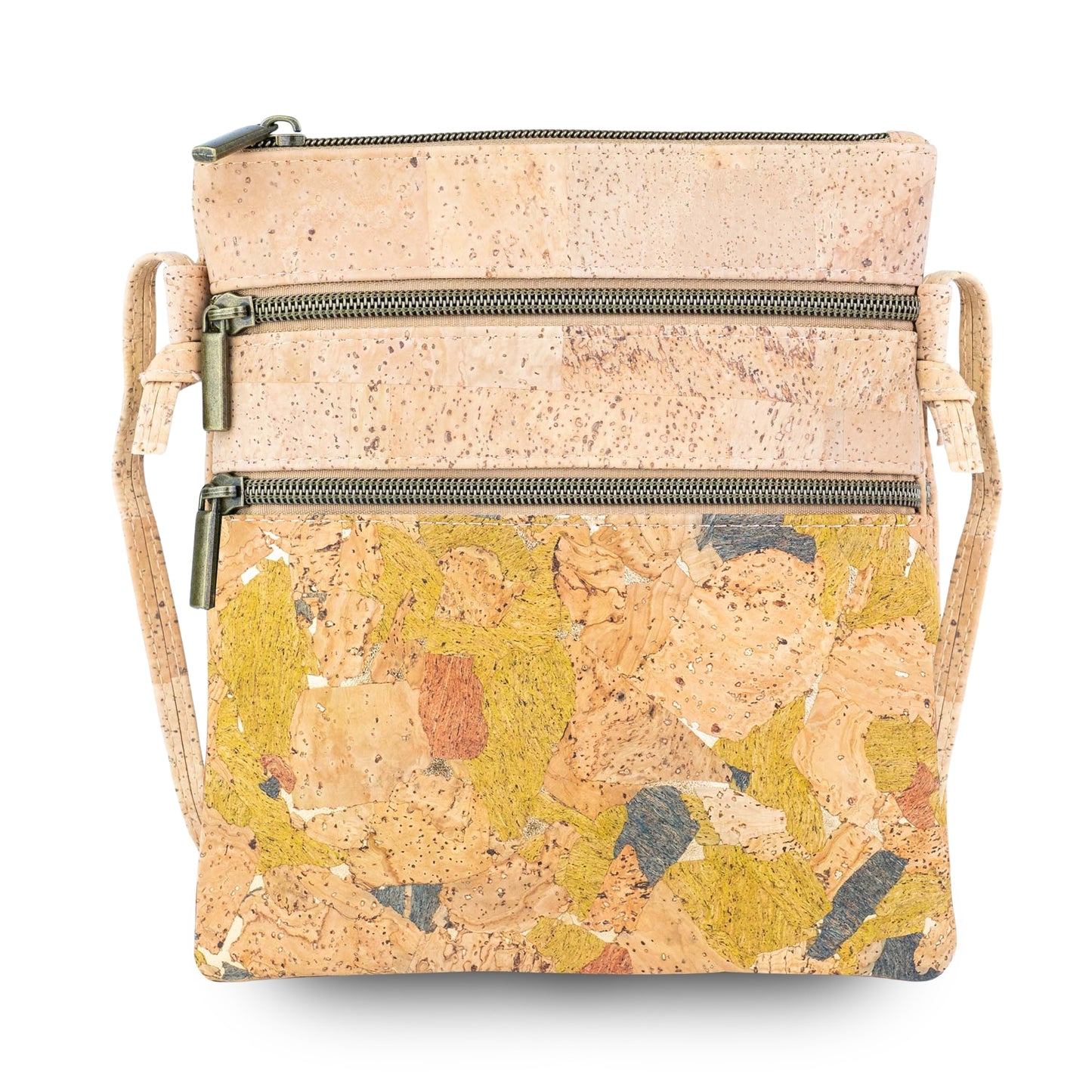 Natural Cork Double Zip Crossbody Bag for Women – Floral Print Vegan Shoulder Purse BAG-2401