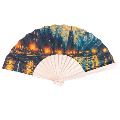 10units-Cork Antique Wooden Folding Hand Fan  L-1182