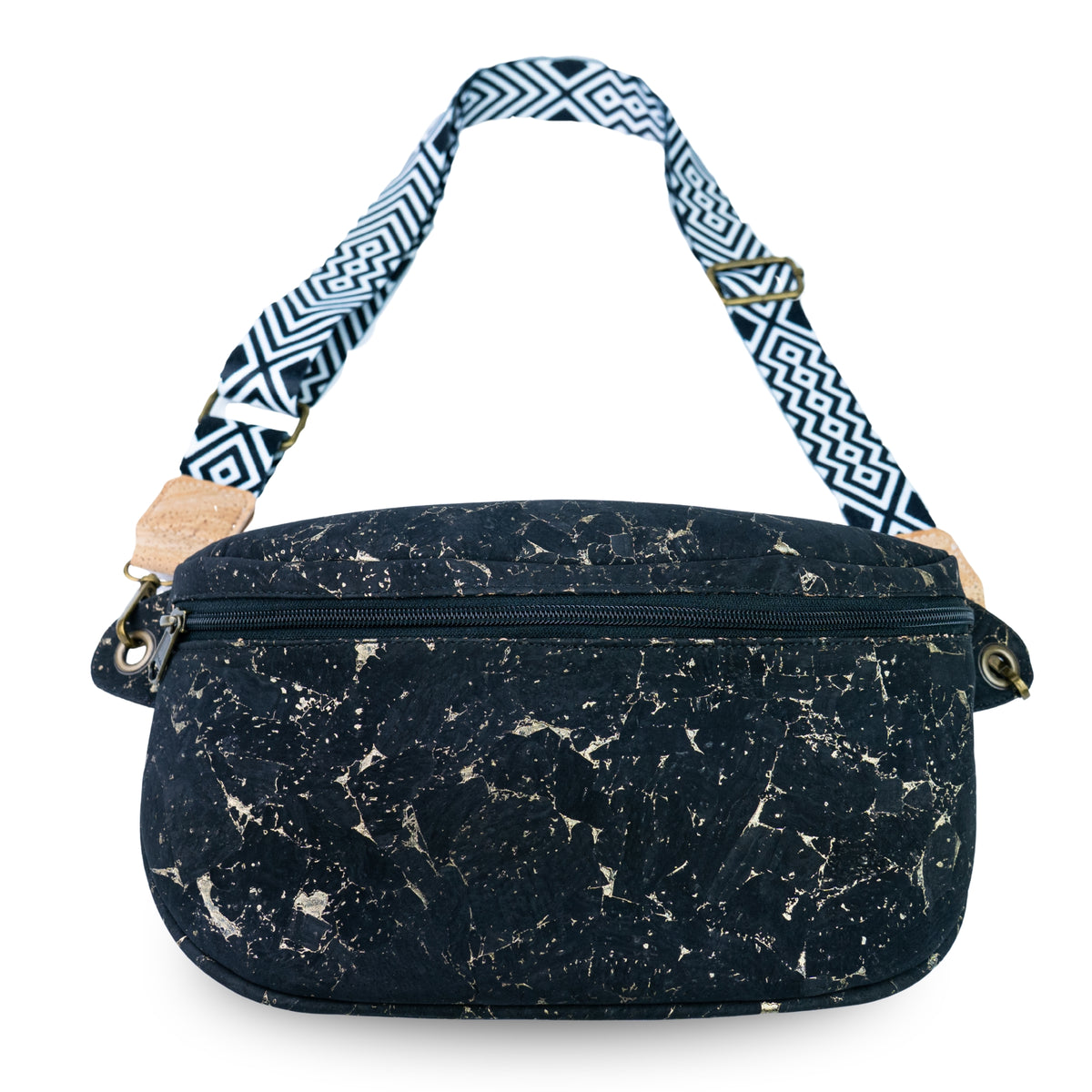 Cork Crossbody Sling Bag with Gold Accents and Patterned Strap BAGP-400