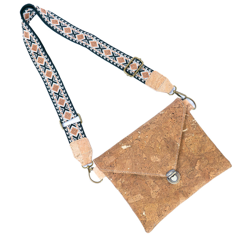 Tobacco-Colored Cork Crossbody Bag with Detachable Wide Strap and Heart-Shaped Snap Closure BAGP-281