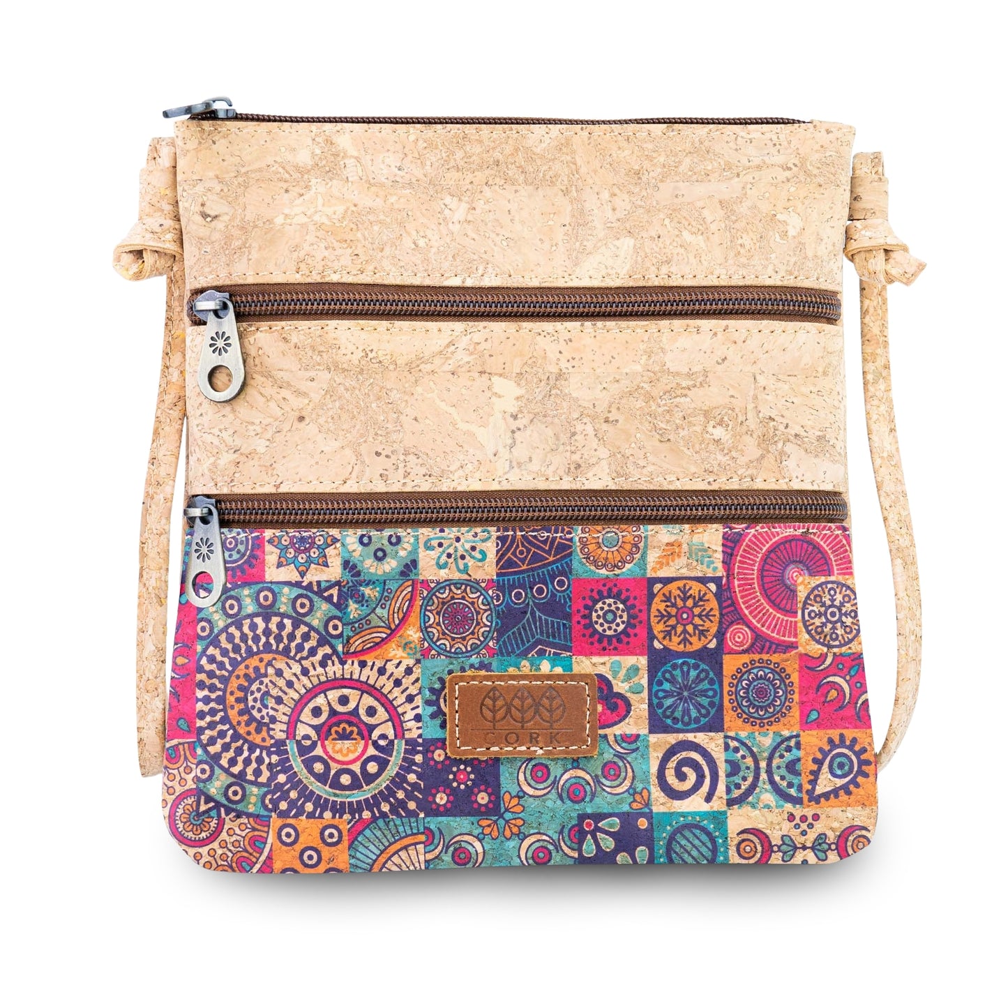 Printed Cork Crossbody Bag with Multiple Zip Compartments BAGD-656