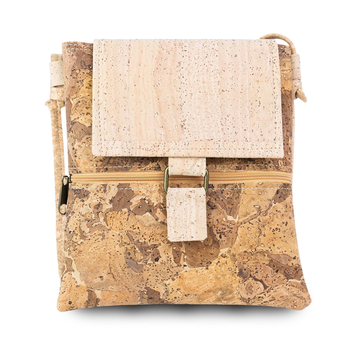 Premium Natural Cork Crossbody Bag with Flap and Front Zip Pocket BAGP-389