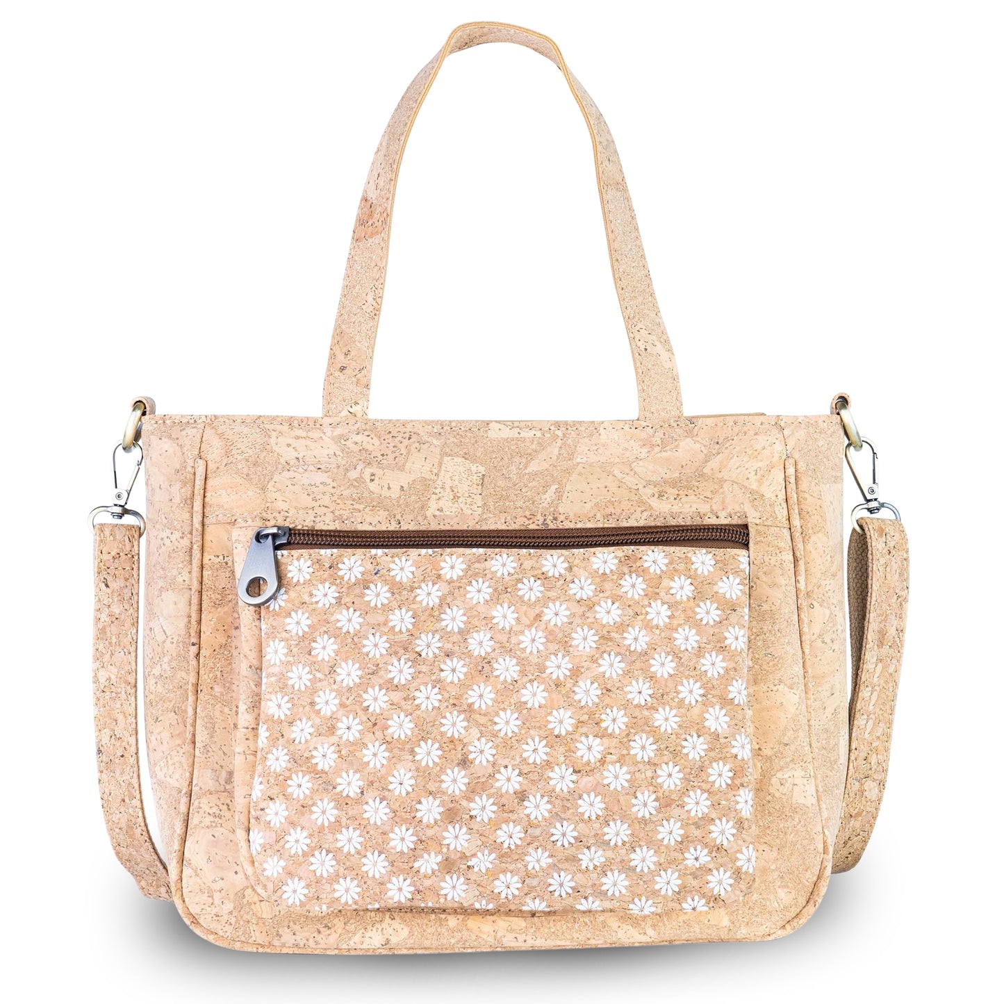 Natural Cork Handbag with Floral Pocket and Detachable Strap BAGD-641