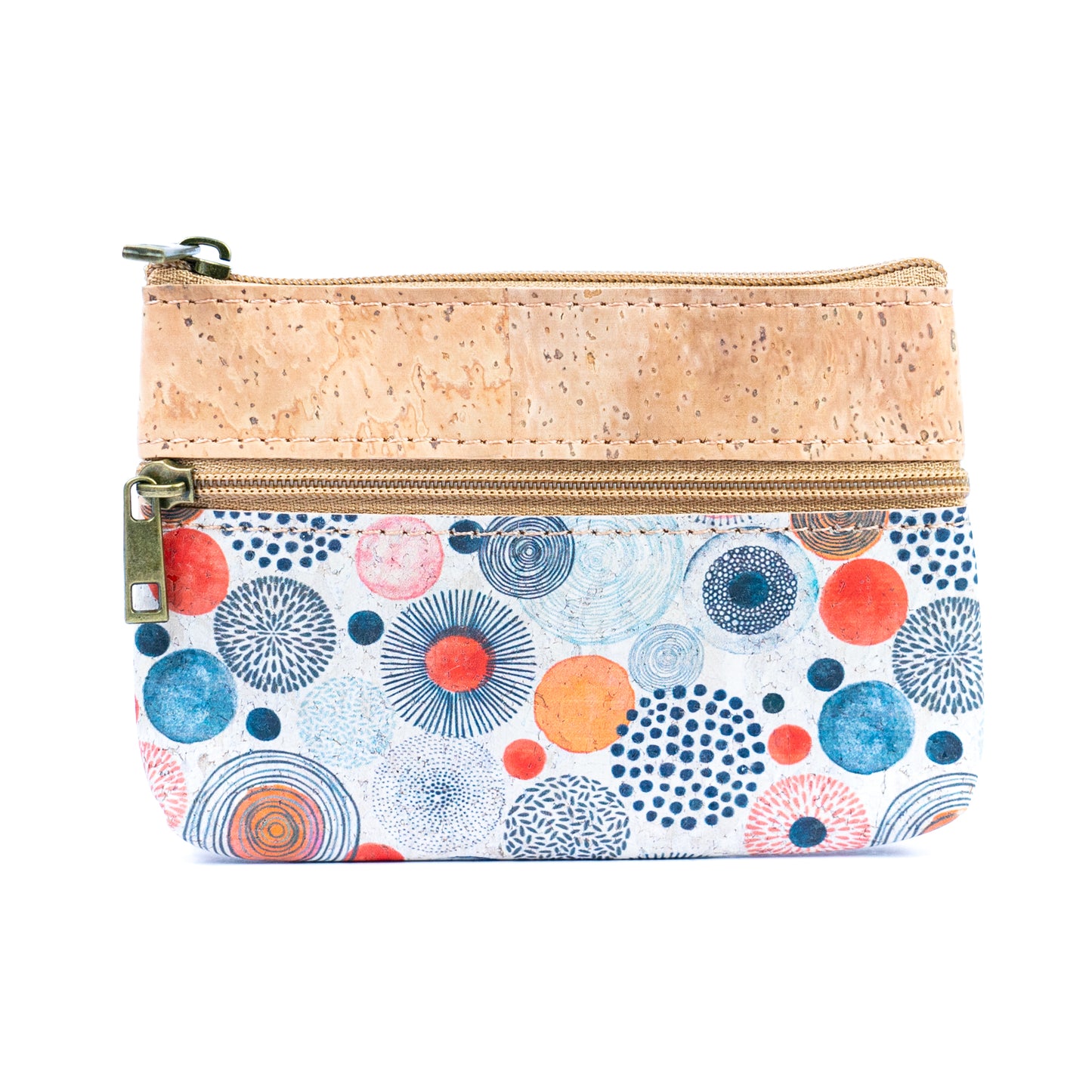 Triple Zip Printed Cork Women's Coin Purse with Floral and Mosaic Designs BAG-2325