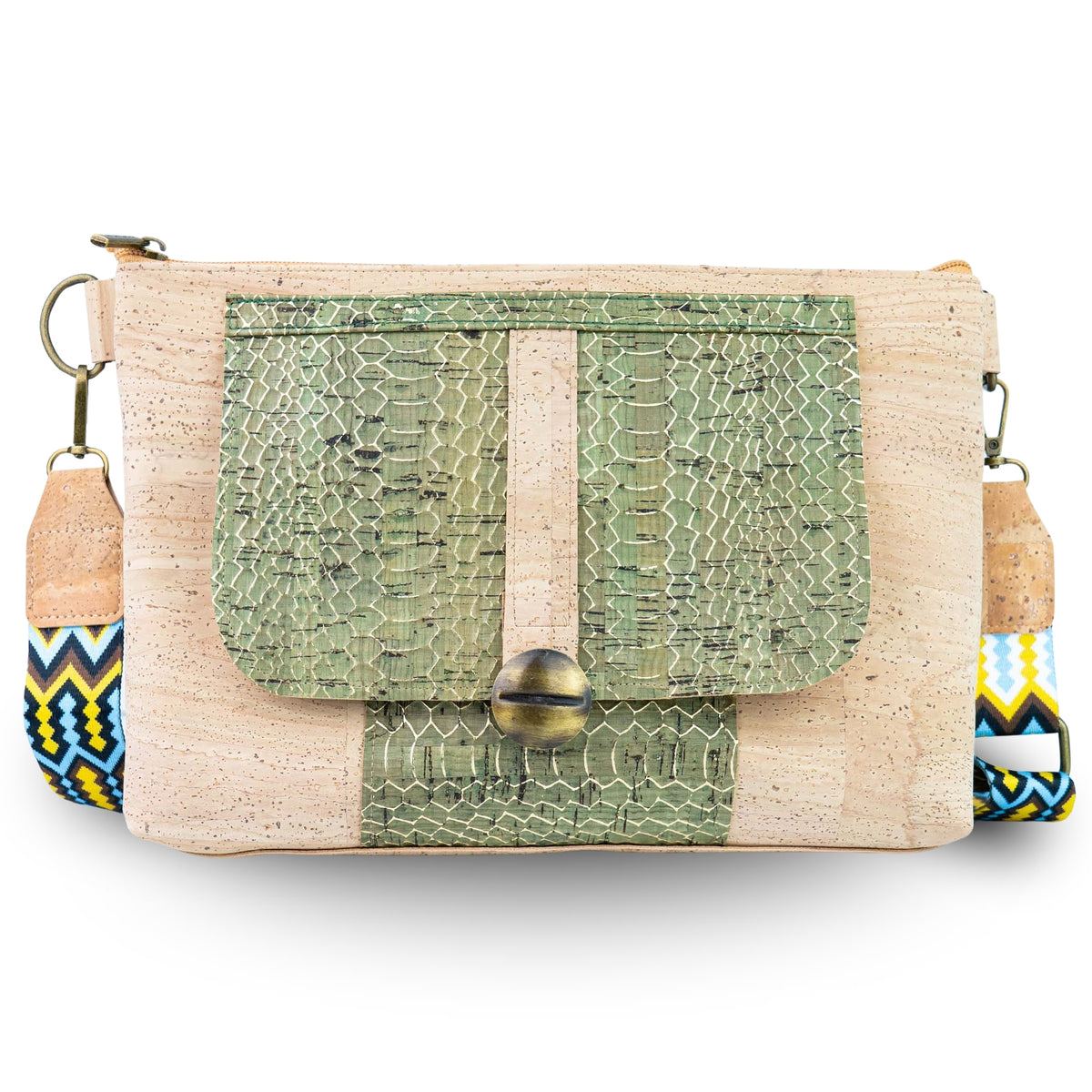 Cork Crossbody Bag with Patterned Flap and Wide Strap BAGP-398