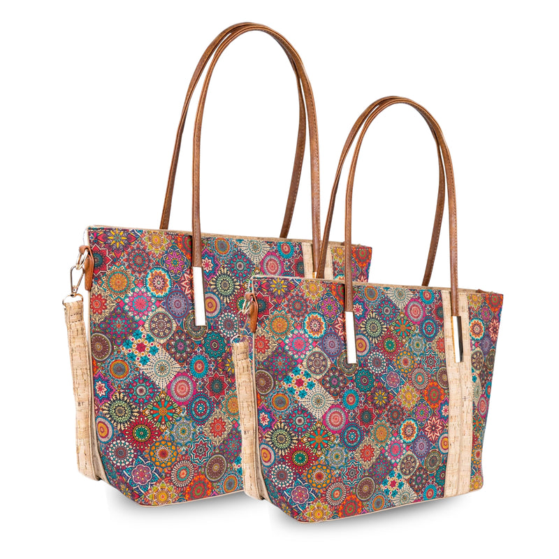 Set of 2 Printed Cork Handbags – Large & Small Tote Bag Combo BAGD-481A