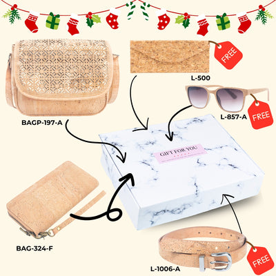 Natural Cork Product Christmas Gift Box, Featuring a Ladies' Crossbody Bag and Wallet with Bonus Cork Sunglasses+Case and Belt GIFT-01