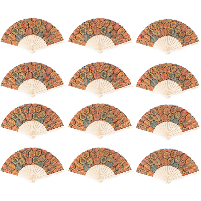 12units-Cork Antique Wooden Folding Hand Fan  L-1108