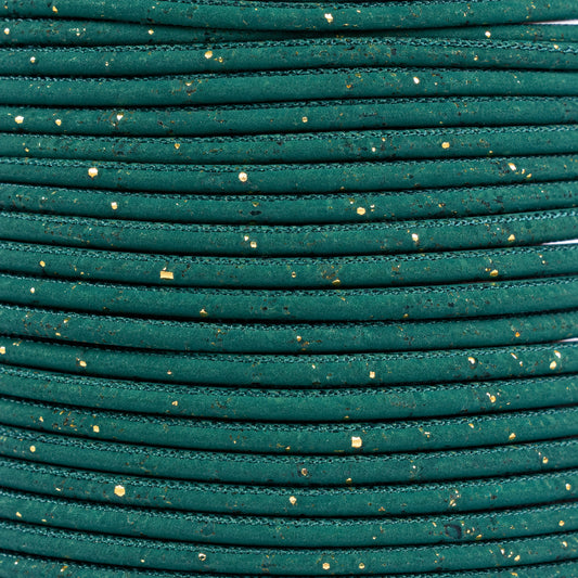 3mm Round Cork Cord - Dark Green with Gold Flecks - COR-667 (10 Meters)