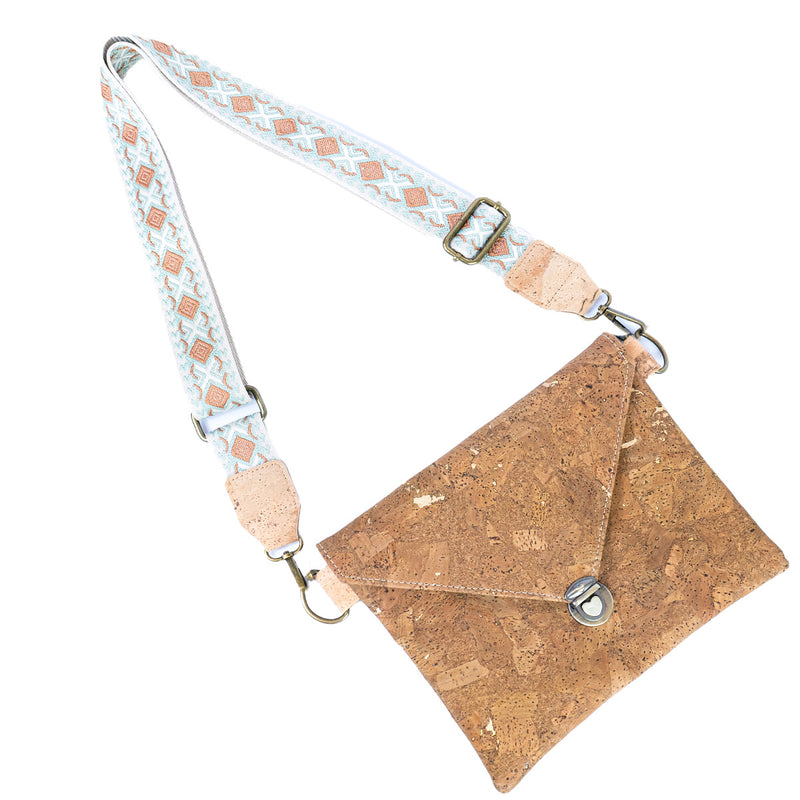 Tobacco-Colored Cork Crossbody Bag with Detachable Wide Strap and Heart-Shaped Snap Closure BAGP-281