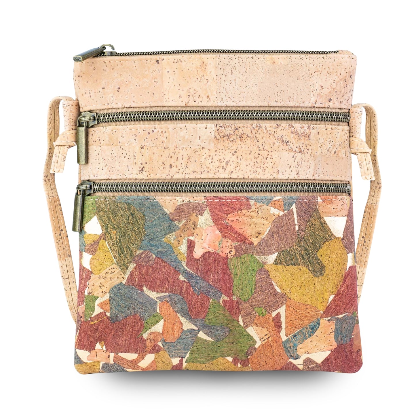 Natural Cork Double Zip Crossbody Bag for Women – Floral Print Vegan Shoulder Purse BAG-2401