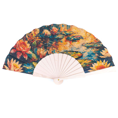 10units-Cork Antique Wooden Folding Hand Fan  L-1182