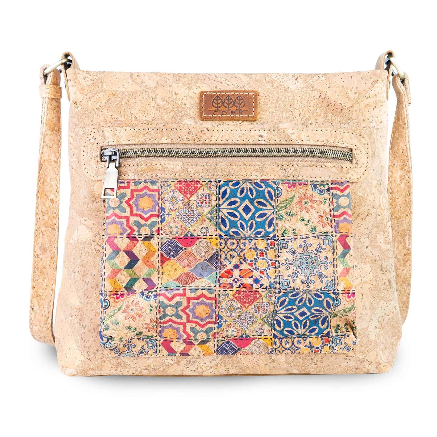 Printed Cork Crossbody Bag with Multiple Zipper Pockets BAGD-665