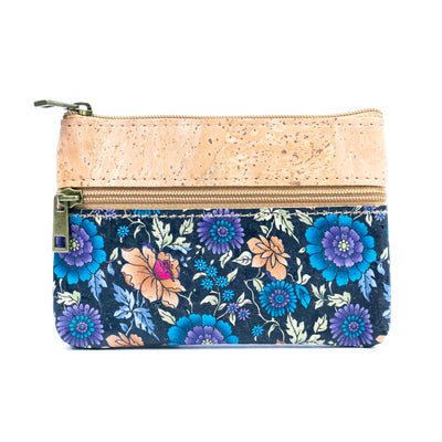 Triple Zip Printed Cork Women's Coin Purse with Floral and Mosaic Designs BAG-2325