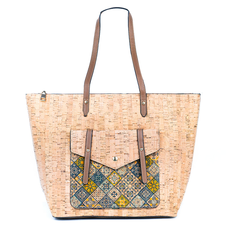 Natural Cork and Printed Cork Tote Bag with PU Handles BAG-2333