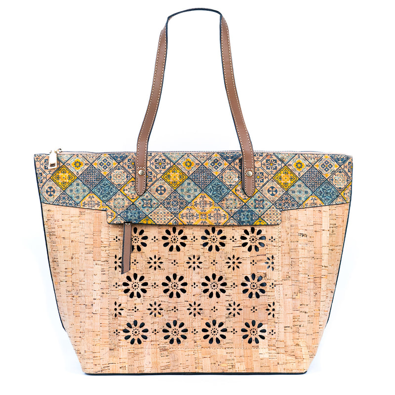 Flash Sale Natural Cork and Cut-Out Printed Cork Tote Bag with PU Handles BAG-2332