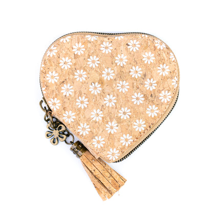 Heart-Shaped Cork Coin Purse with Tassel - Vegan Leather Alternative Zipper Pouch BAG-2370