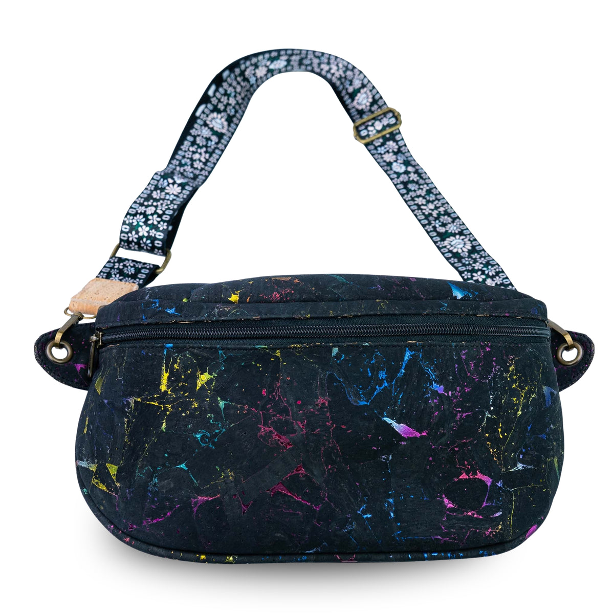 Cork Crossbody Sling Bag with Gold Accents and Patterned Strap BAGP-400