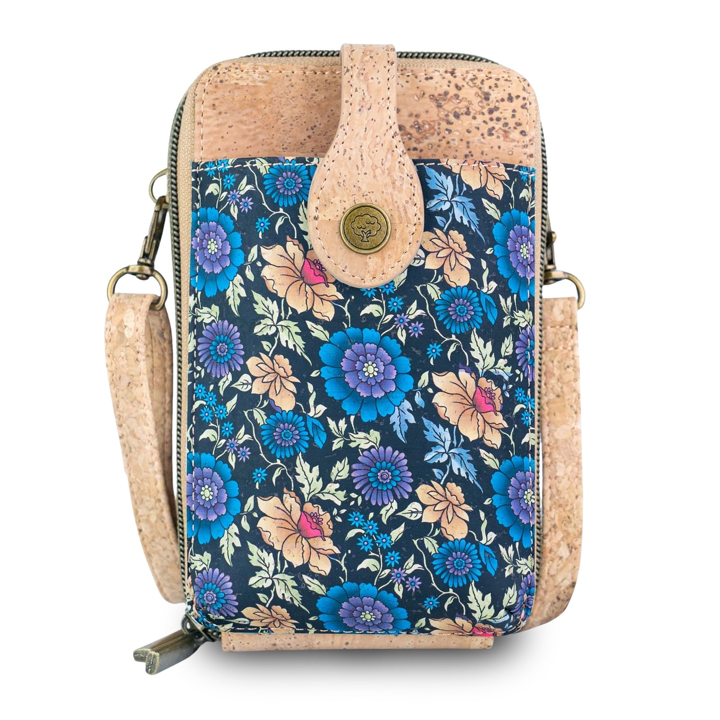 Natural Cork Double Zip Phone Crossbody Bag for Women – Floral Print Vegan Crossbody Wallet BAGD-2402