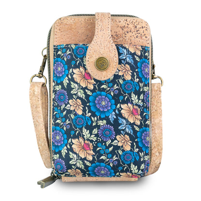 Natural Cork Double Zip Phone Crossbody Bag for Women – Floral Print Vegan Crossbody Wallet BAGD-2402