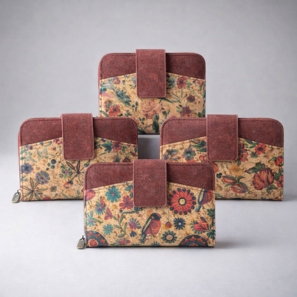 Cork Women's Rose&Plant Card Holder Mini-Flap Printed Wallet –BAG-2245
