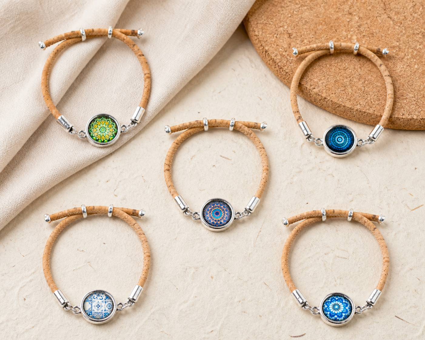 Natural Cork Bracelets with Portuguese-Inspired Cabochons – Fixed Assortment – Handmade in Portugal DBR-038-A/B-MIX-5