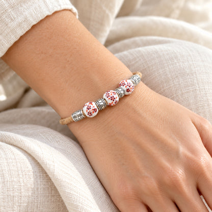 Natural Cork Bracelet with Floral Ceramic Beads – Set of 10 Assorted Colours DBR-066-MIX-10
