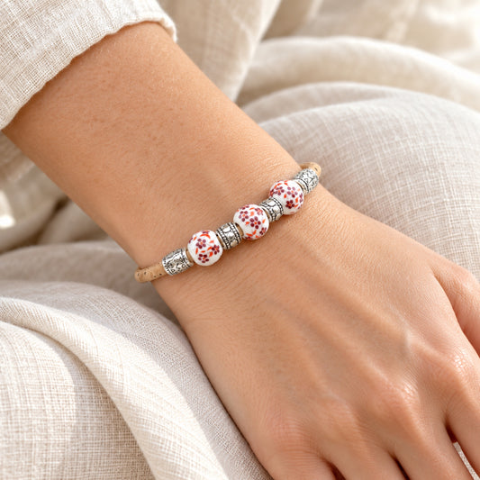 Natural Cork Bracelet with Floral Ceramic Beads – Set of 10 Assorted Colours DBR-066-MIX-10