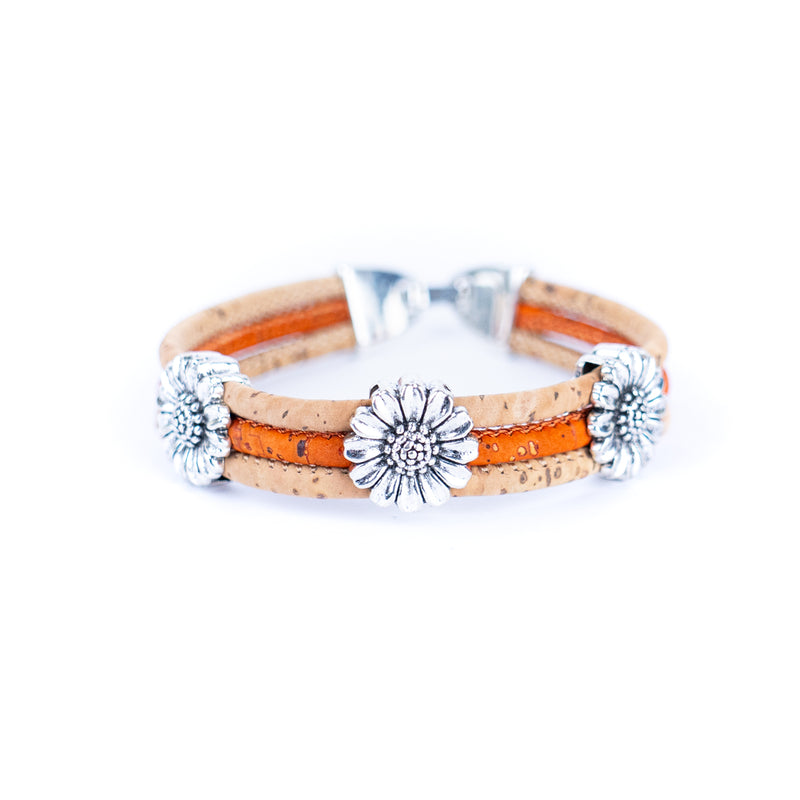Natural colored cork cord and chrysanthemum alloy accessories handmade women&