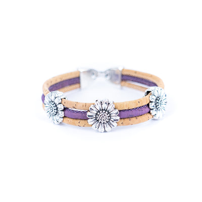 Natural colored cork cord and chrysanthemum alloy accessories handmade women's bracelet BR-236-MIX-5