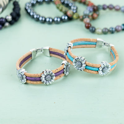 Natural colored cork cord and chrysanthemum alloy accessories handmade women's bracelet BR-236-MIX-5