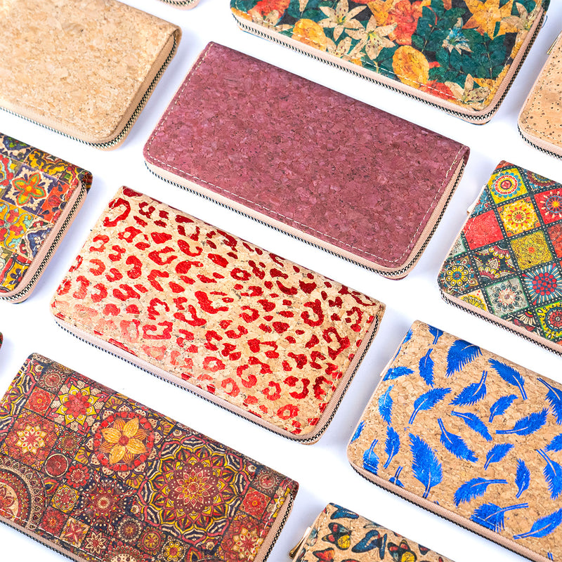 Natural cork with flower pattern zipper women wallet BAGD-589（12units）