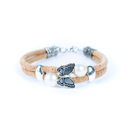 Natural cork with round beads handmade bracelet (adjustable jewelry) BR-484-5（NEW)）