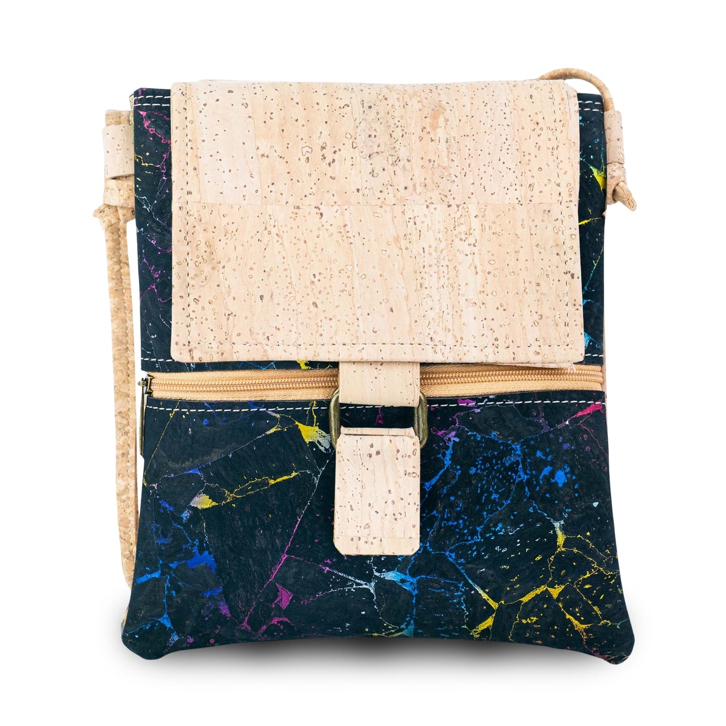 Premium Natural Cork Crossbody Bag with Flap and Front Zip Pocket BAGP-389