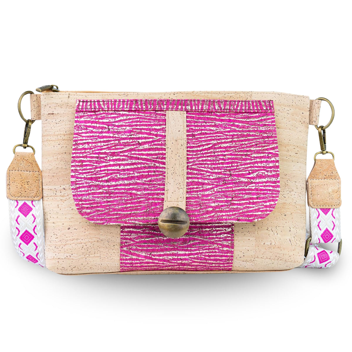 Cork Crossbody Bag with Patterned Flap and Wide Strap BAGP-398