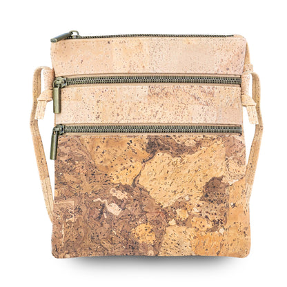 Natural Cork Double Zip Crossbody Bag for Women – Floral Print Vegan Shoulder Purse BAG-2401