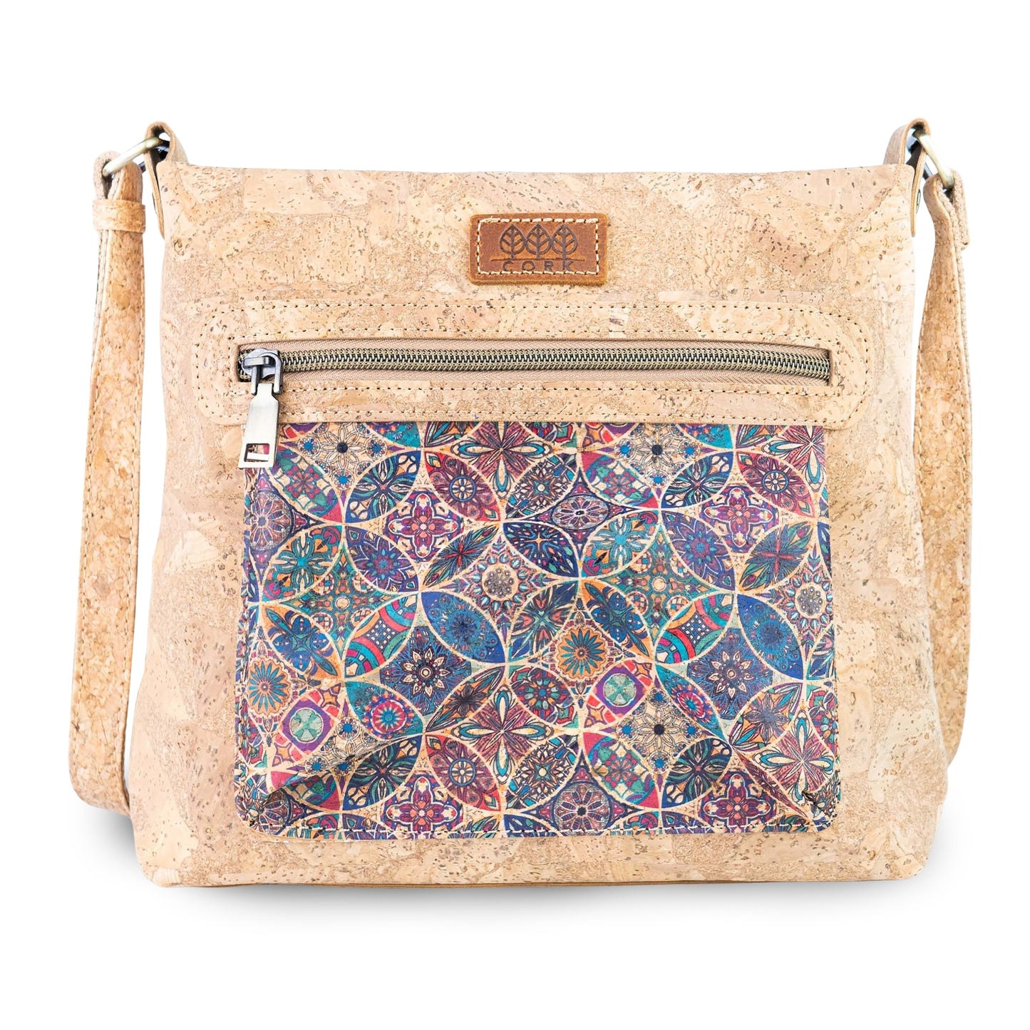 Printed Cork Crossbody Bag with Multiple Zipper Pockets BAGD-665