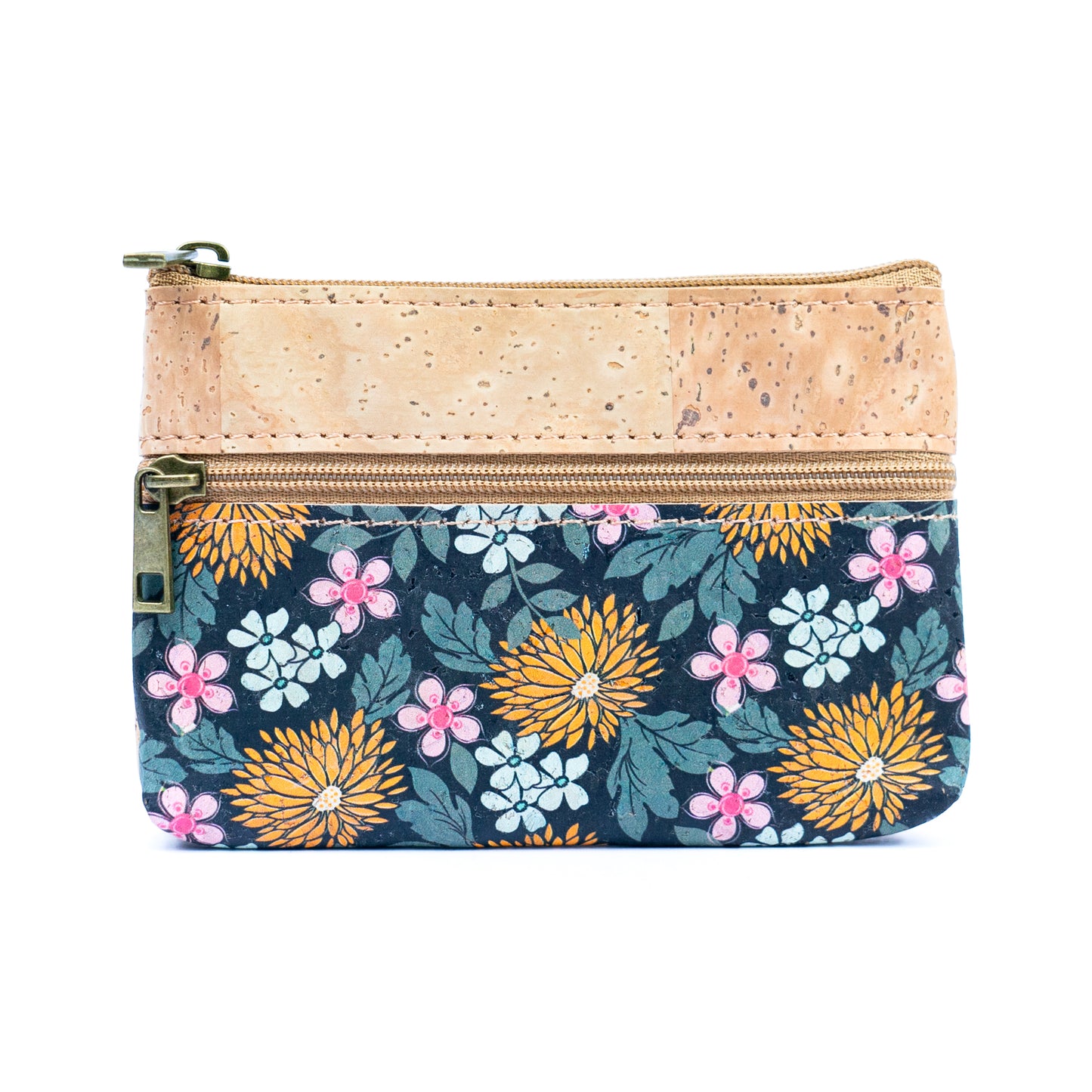 Triple Zip Printed Cork Women's Coin Purse with Floral and Mosaic Designs BAG-2325