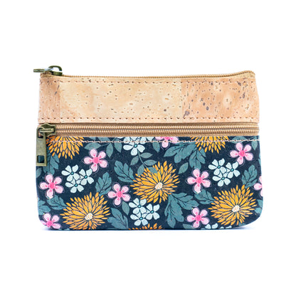 Triple Zip Printed Cork Women's Coin Purse with Floral and Mosaic Designs BAG-2325