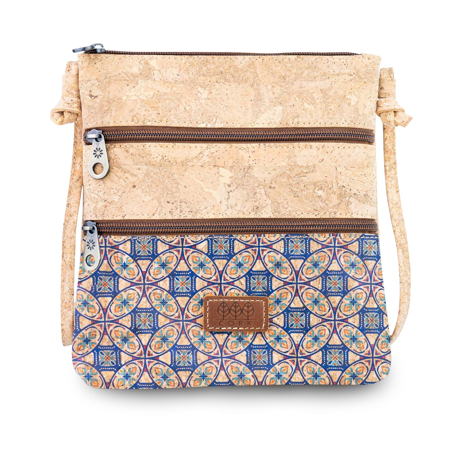 Printed Cork Crossbody Bag with Multiple Zip Compartments BAGD-656