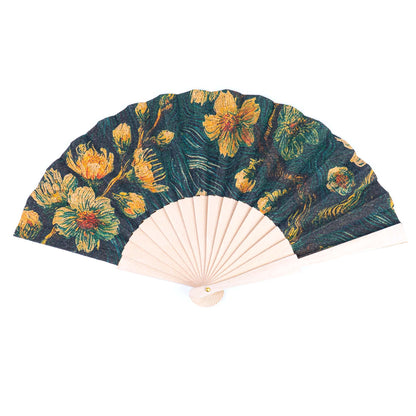 10units-Cork Antique Wooden Folding Hand Fan  L-1182