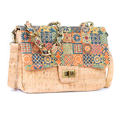 Women's Cork Shoulder Bag with Chain Accent and Button Closure BAGD-560