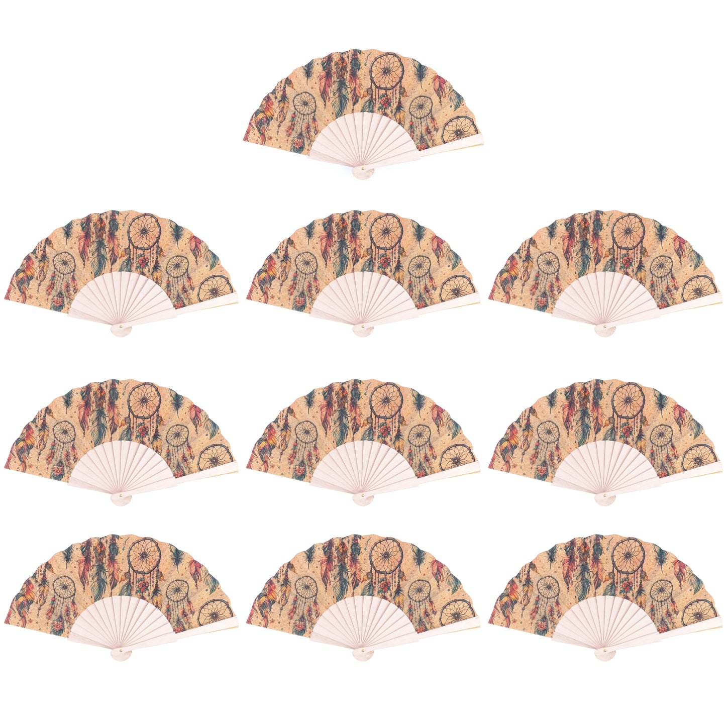 10units-Cork Antique Wooden Folding Hand Fan  L-1182