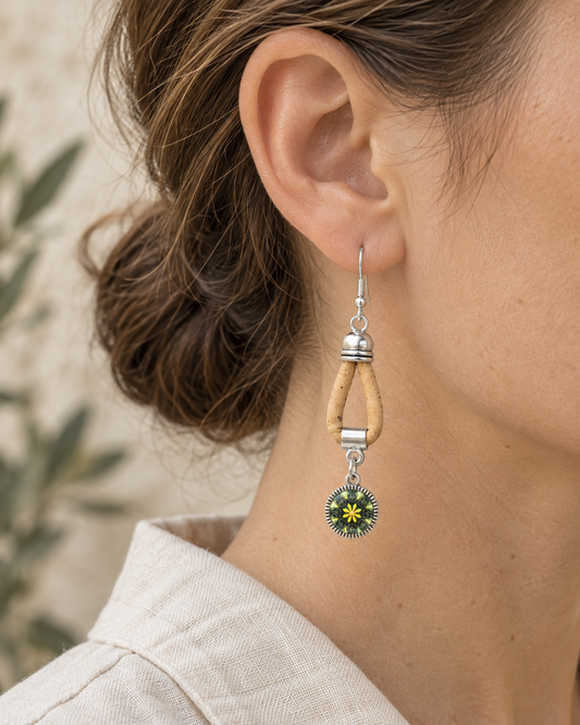 Portuguese Handmade 3mm Natural Cork Earrings with Colorful Pendant-Pack of 5 Pairs ER-209-5