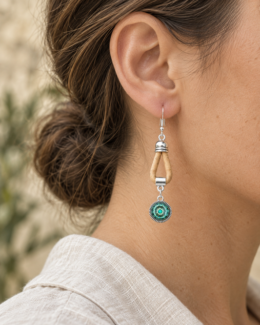 Portuguese Handmade 3mm Natural Cork Drop Earrings with Round Pattern Pendant – Pack of 5 PairsER-210-5